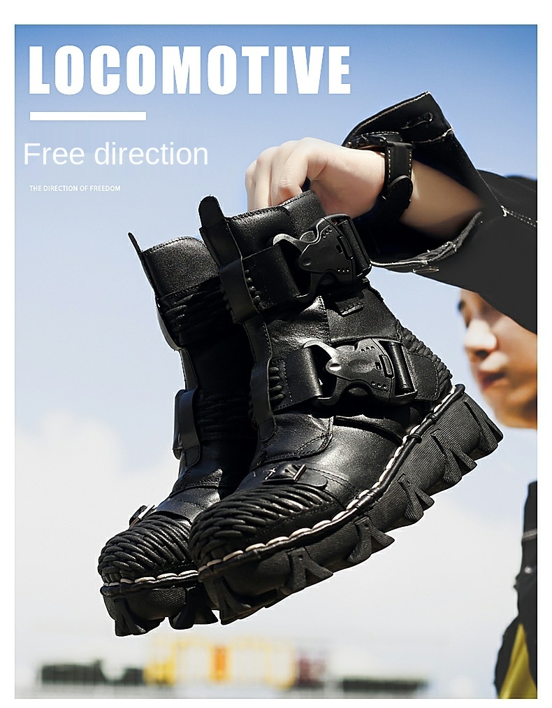 New Men's Fashion Genuine Leather Motorcycle Boots Buckle Strap Combat Boots Skull Punk Desert Boots Winter Warm High-top Shoes