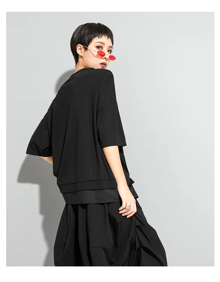 AmaxluluE 2025 Summer Fashion Tee Womens Black Short Sleeve T-shirt Ladies Casual Patchwork O-Neck Tops Girl Solid Color Clothes