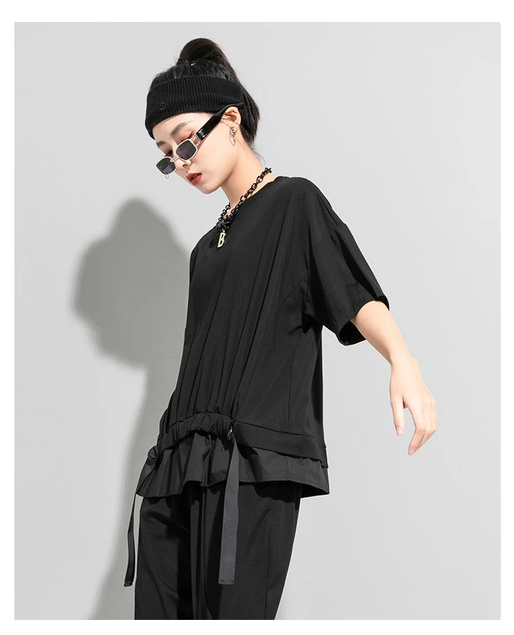 AmaxluluE 2025 Summer Fashion Tee Womens Black Short Sleeve T-shirt Ladies Casual Patchwork O-Neck Tops Girl Solid Color Clothes