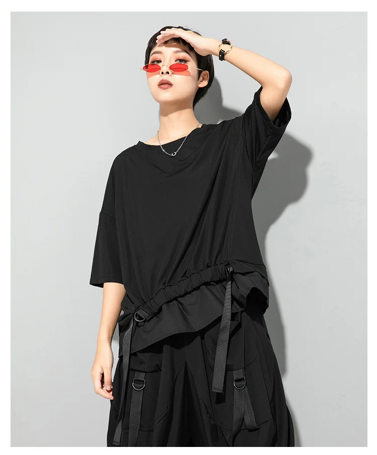 AmaxluluE 2025 Summer Fashion Tee Womens Black Short Sleeve T-shirt Ladies Casual Patchwork O-Neck Tops Girl Solid Color Clothes