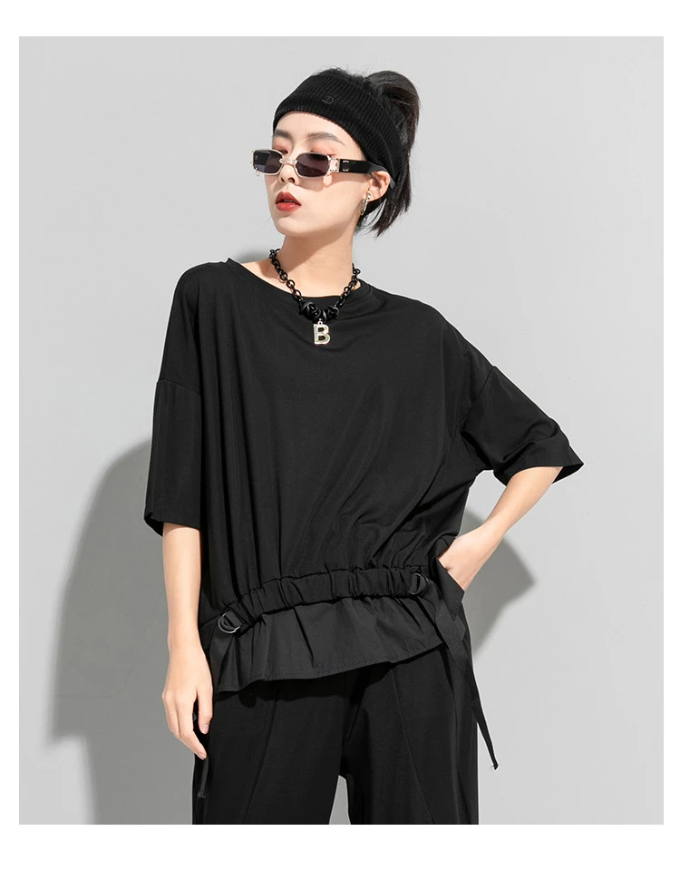 AmaxluluE 2025 Summer Fashion Tee Womens Black Short Sleeve T-shirt Ladies Casual Patchwork O-Neck Tops Girl Solid Color Clothes