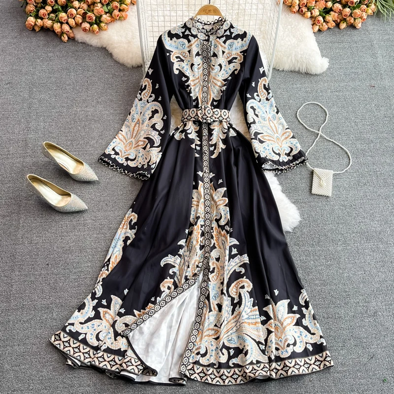 Vintage Women's Dress Long Sleeve Print Floral High Waist Boho Party Maxi Vestidos Elegant Luxury Long Dresses Spring Autumn