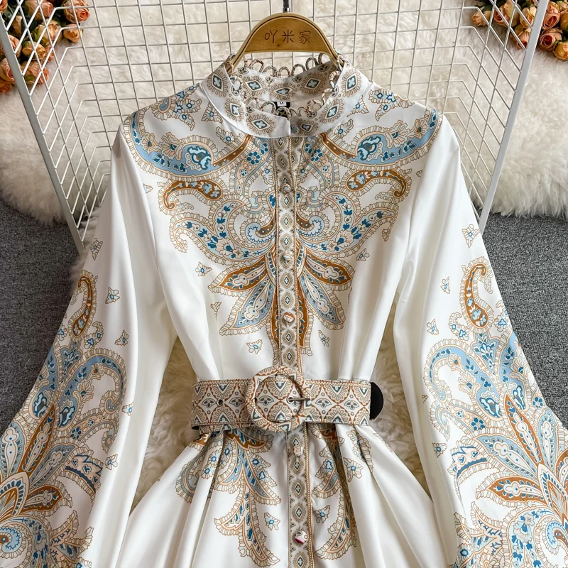 Vintage Women's Dress Long Sleeve Print Floral High Waist Boho Party Maxi Vestidos Elegant Luxury Long Dresses Spring Autumn
