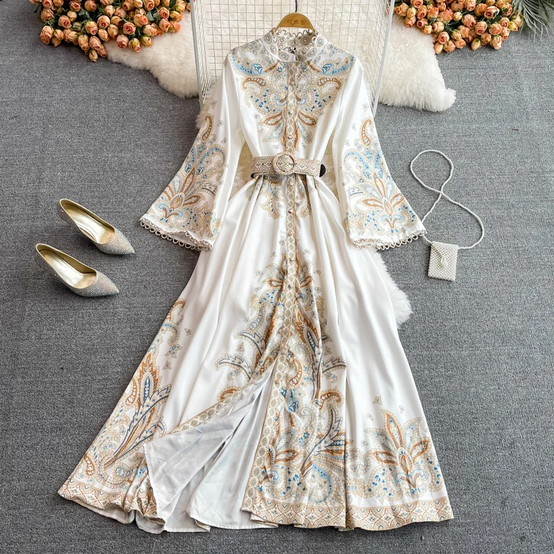 Vintage Women's Dress Long Sleeve Print Floral High Waist Boho Party Maxi Vestidos Elegant Luxury Long Dresses Spring Autumn