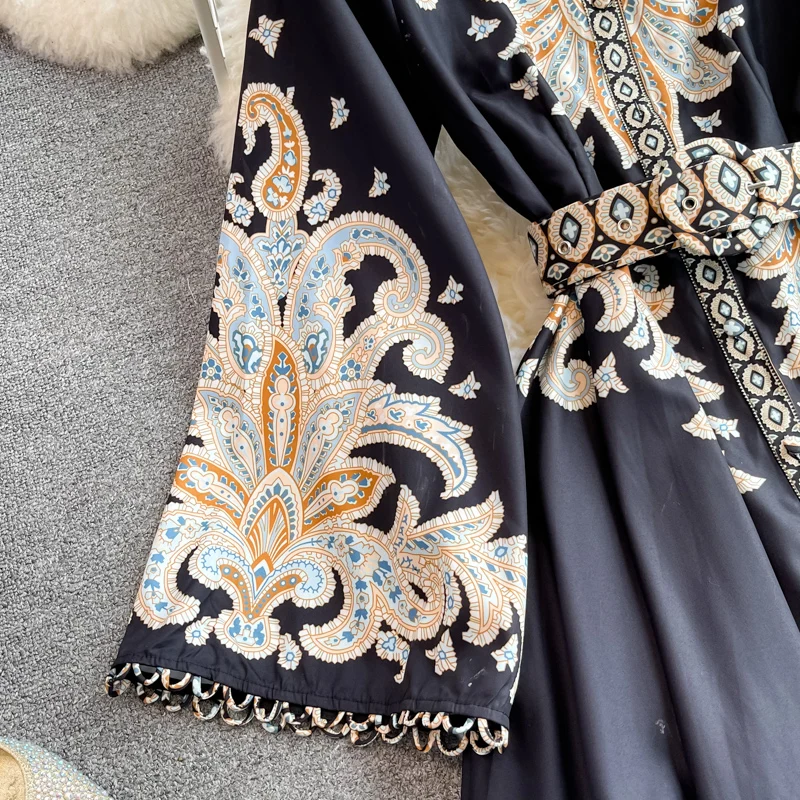 Vintage Women's Dress Long Sleeve Print Floral High Waist Boho Party Maxi Vestidos Elegant Luxury Long Dresses Spring Autumn