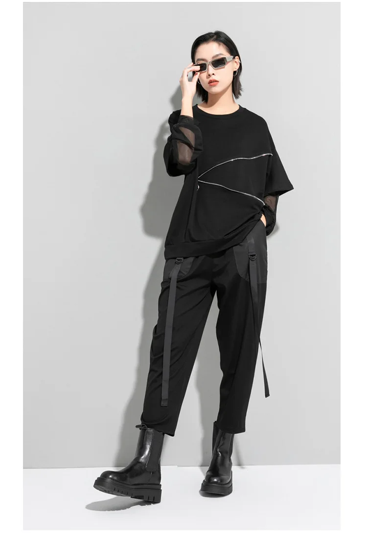 Amax luluE Spring Fashion 2024 Clothes Ladies Lace Patchwork T-shirts Womens Zippers Black Tees Female Casual Long Sleeve Tops