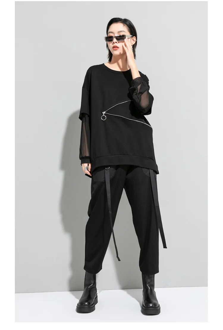 Amax luluE Spring Fashion 2024 Clothes Ladies Lace Patchwork T-shirts Womens Zippers Black Tees Female Casual Long Sleeve Tops