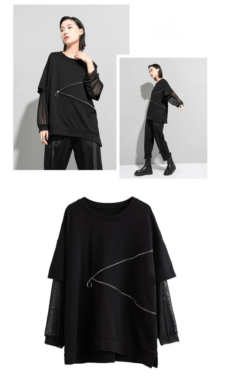 Amax luluE Spring Fashion 2024 Clothes Ladies Lace Patchwork T-shirts Womens Zippers Black Tees Female Casual Long Sleeve Tops
