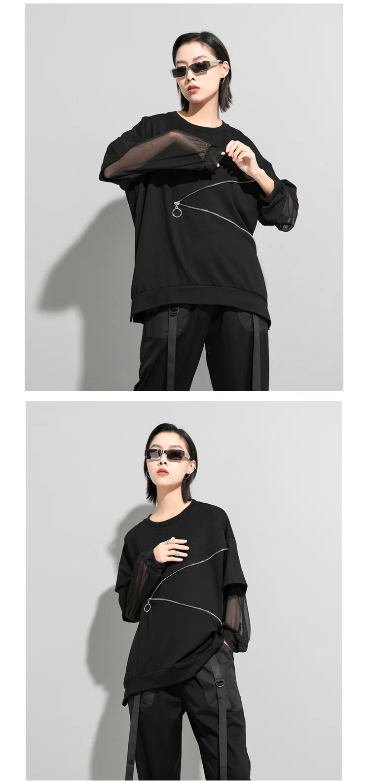 Amax luluE Spring Fashion 2024 Clothes Ladies Lace Patchwork T-shirts Womens Zippers Black Tees Female Casual Long Sleeve Tops