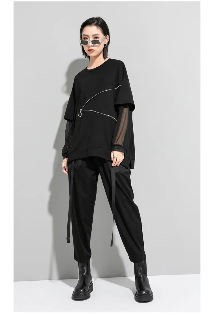 Amax luluE Spring Fashion 2024 Clothes Ladies Lace Patchwork T-shirts Womens Zippers Black Tees Female Casual Long Sleeve Tops