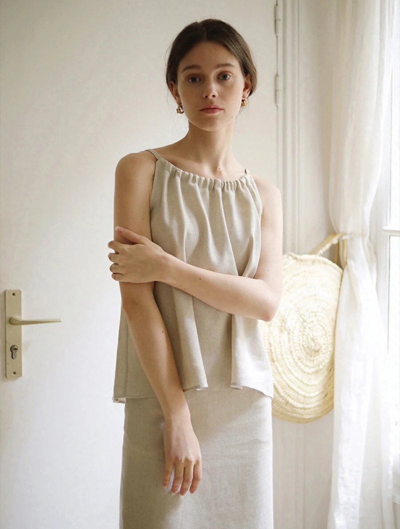 Vintage 100% Linen Women's Halter Top Sexy Ruched Sleeveless Back Bandage Lace-Up Korean Fashion Summer Tank Tops