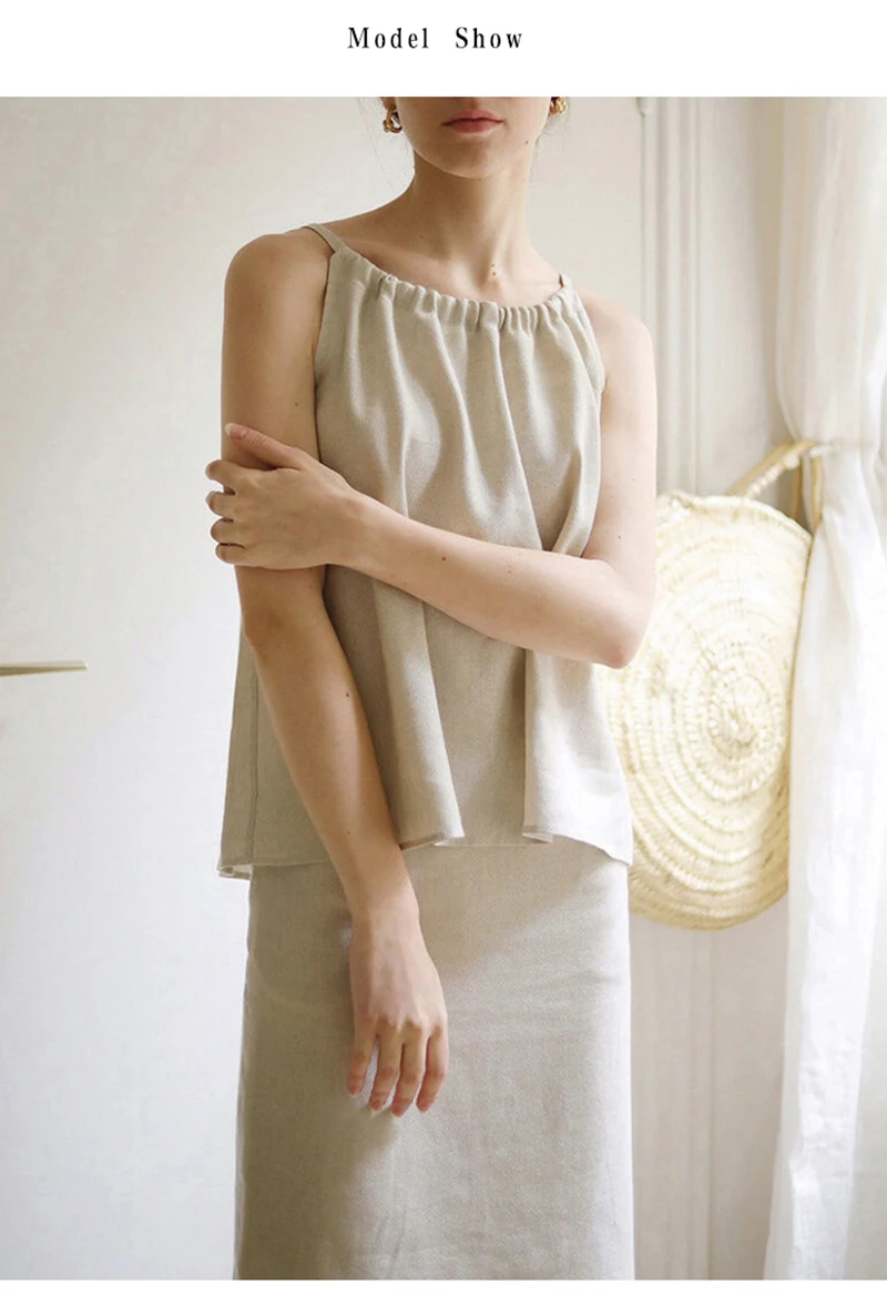 Vintage 100% Linen Women's Halter Top Sexy Ruched Sleeveless Back Bandage Lace-Up Korean Fashion Summer Tank Tops