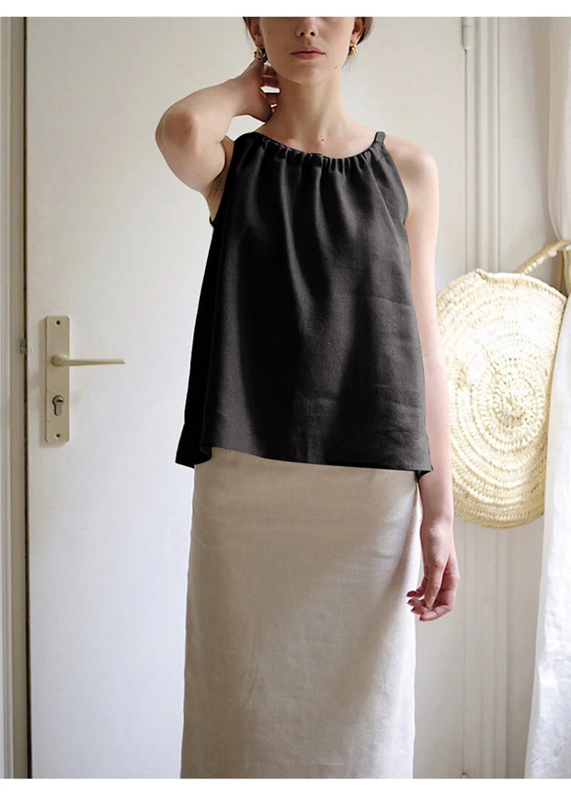 Vintage 100% Linen Women's Halter Top Sexy Ruched Sleeveless Back Bandage Lace-Up Korean Fashion Summer Tank Tops