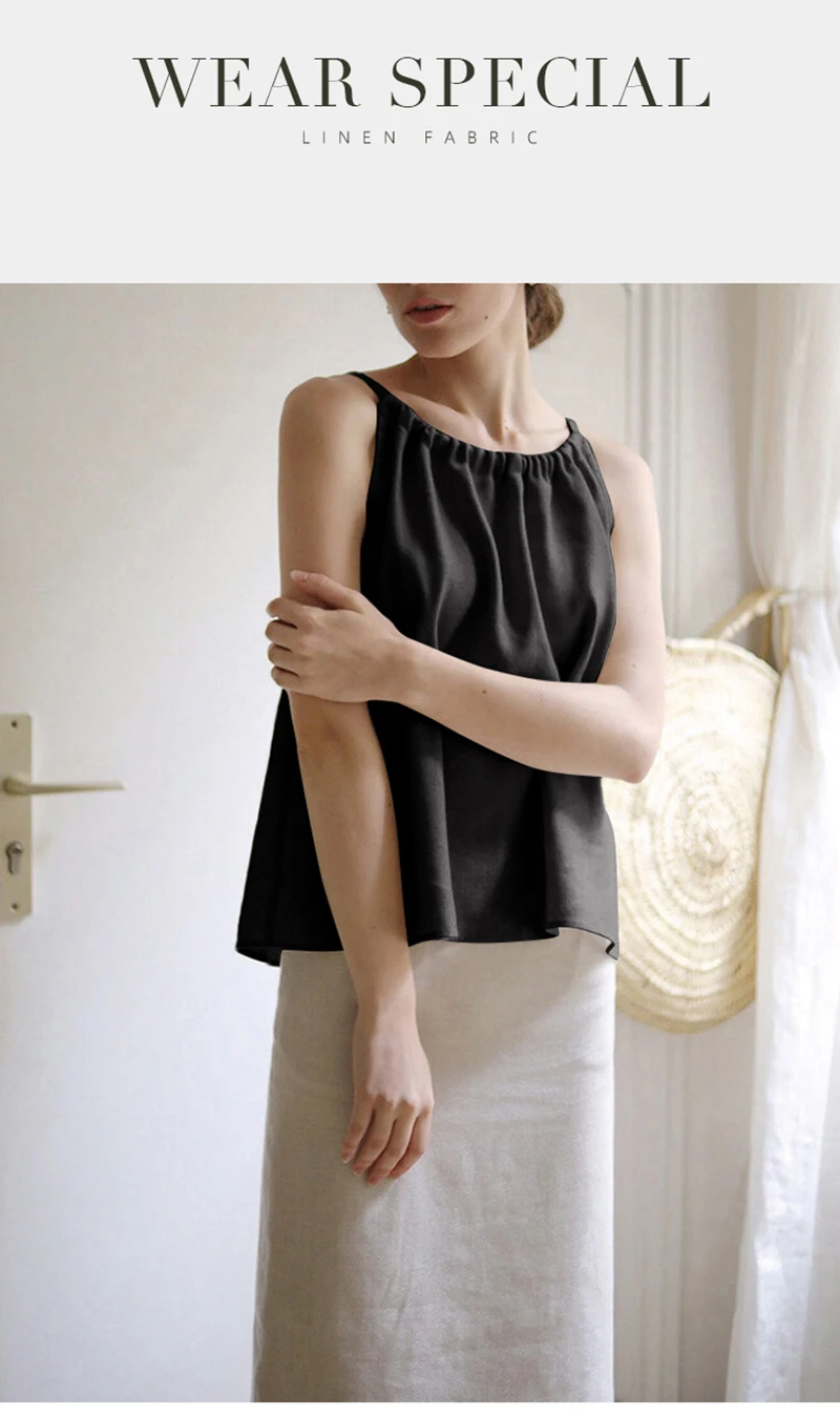 Vintage 100% Linen Women's Halter Top Sexy Ruched Sleeveless Back Bandage Lace-Up Korean Fashion Summer Tank Tops