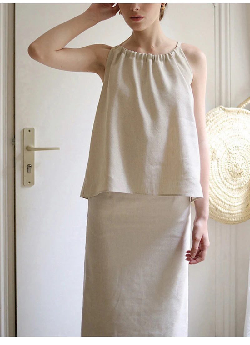 Vintage 100% Linen Women's Halter Top Sexy Ruched Sleeveless Back Bandage Lace-Up Korean Fashion Summer Tank Tops