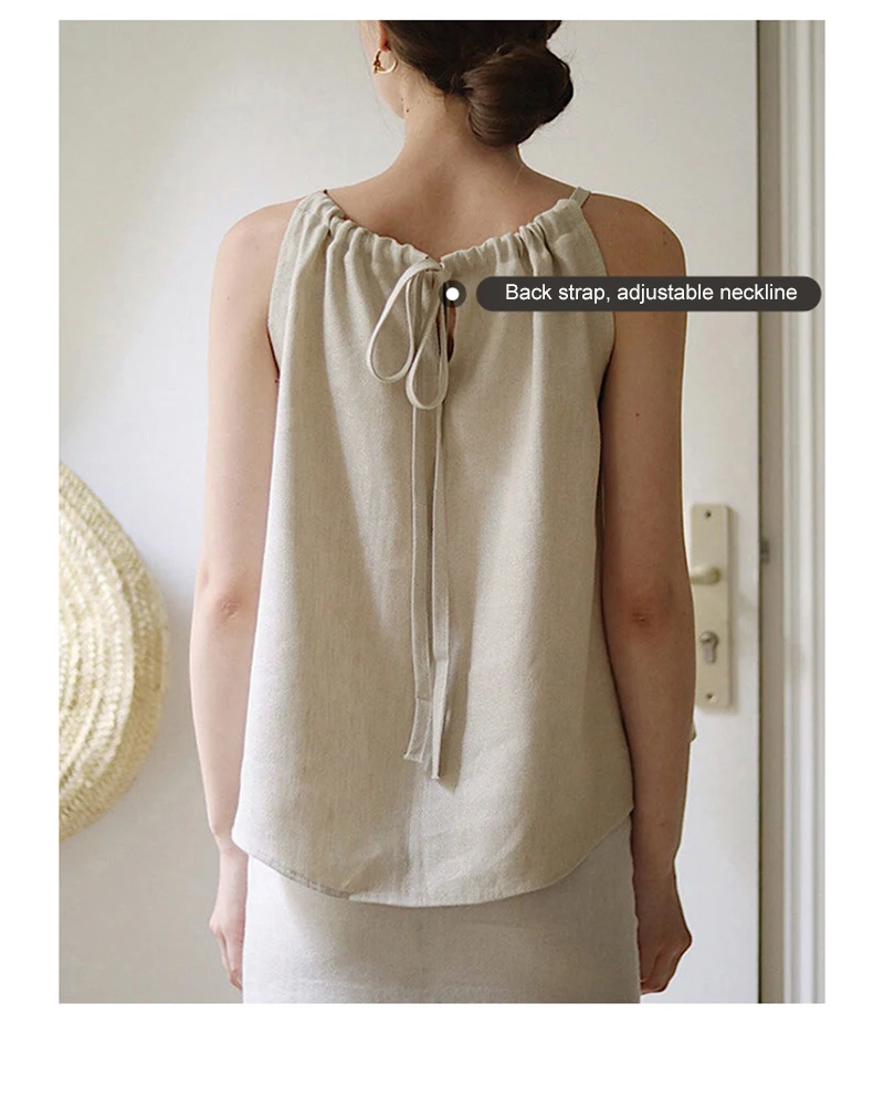 Vintage 100% Linen Women's Halter Top Sexy Ruched Sleeveless Back Bandage Lace-Up Korean Fashion Summer Tank Tops