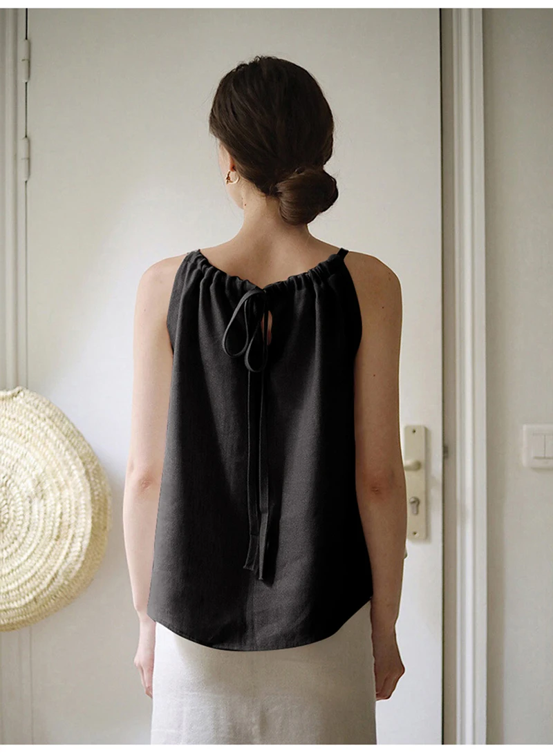Vintage 100% Linen Women's Halter Top Sexy Ruched Sleeveless Back Bandage Lace-Up Korean Fashion Summer Tank Tops