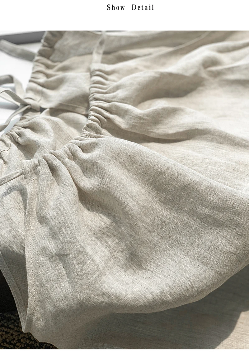 Vintage 100% Linen Women's Halter Top Sexy Ruched Sleeveless Back Bandage Lace-Up Korean Fashion Summer Tank Tops