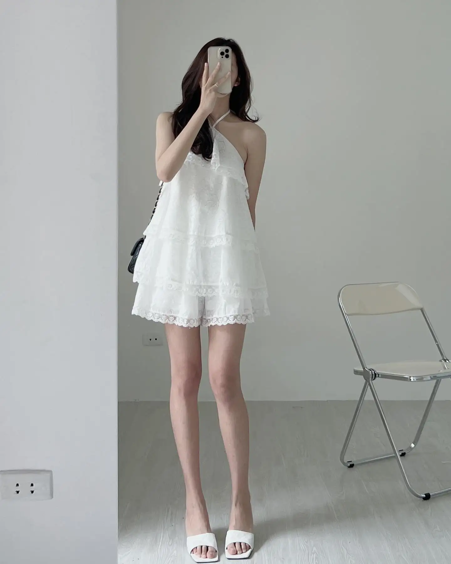 Clothland Women Sweet Ruffled Lace Blouse Halter Sleeveless Shirt Mini Shorts Two Piece Set Summer White Cute Suits TZ302