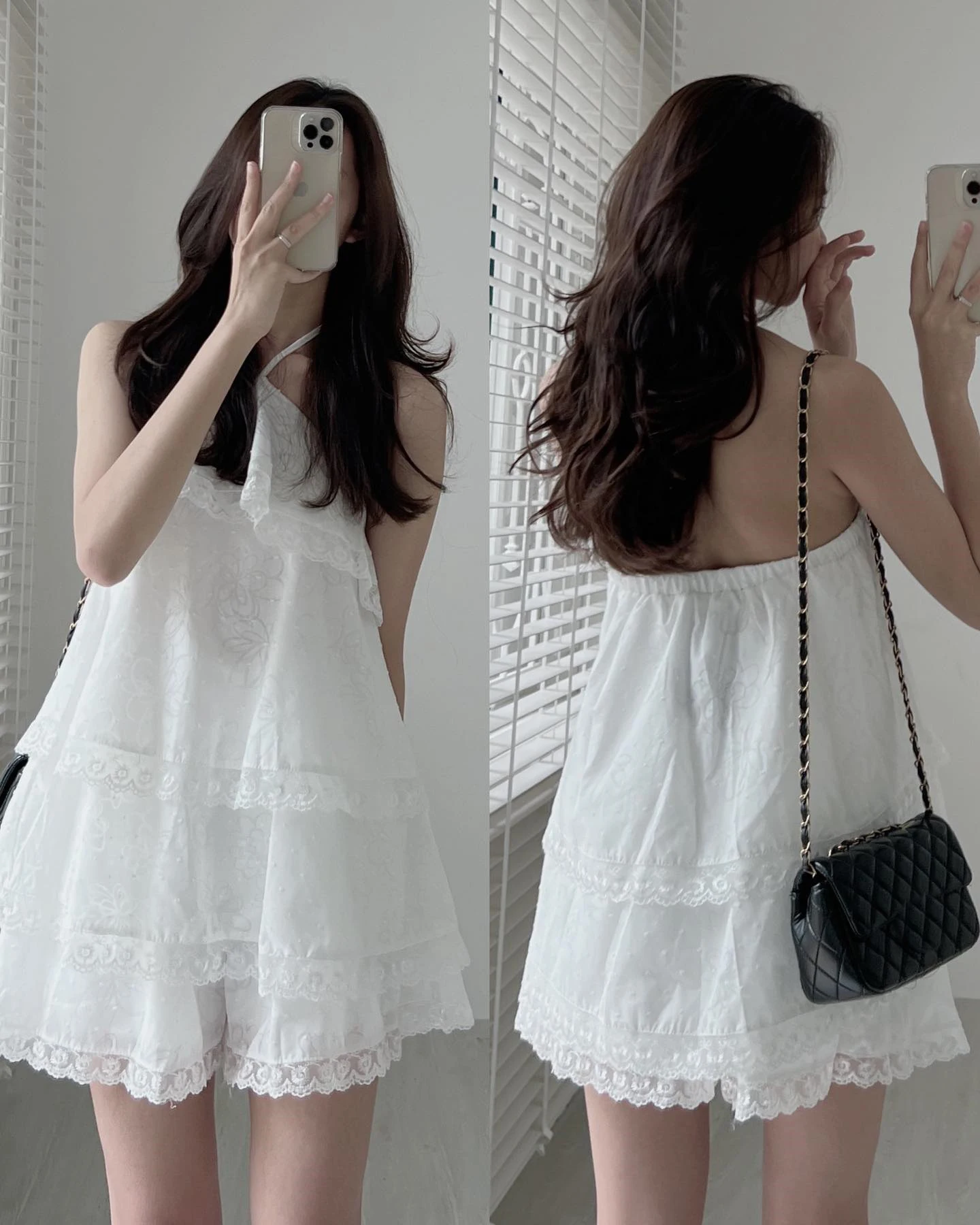 Clothland Women Sweet Ruffled Lace Blouse Halter Sleeveless Shirt Mini Shorts Two Piece Set Summer White Cute Suits TZ302
