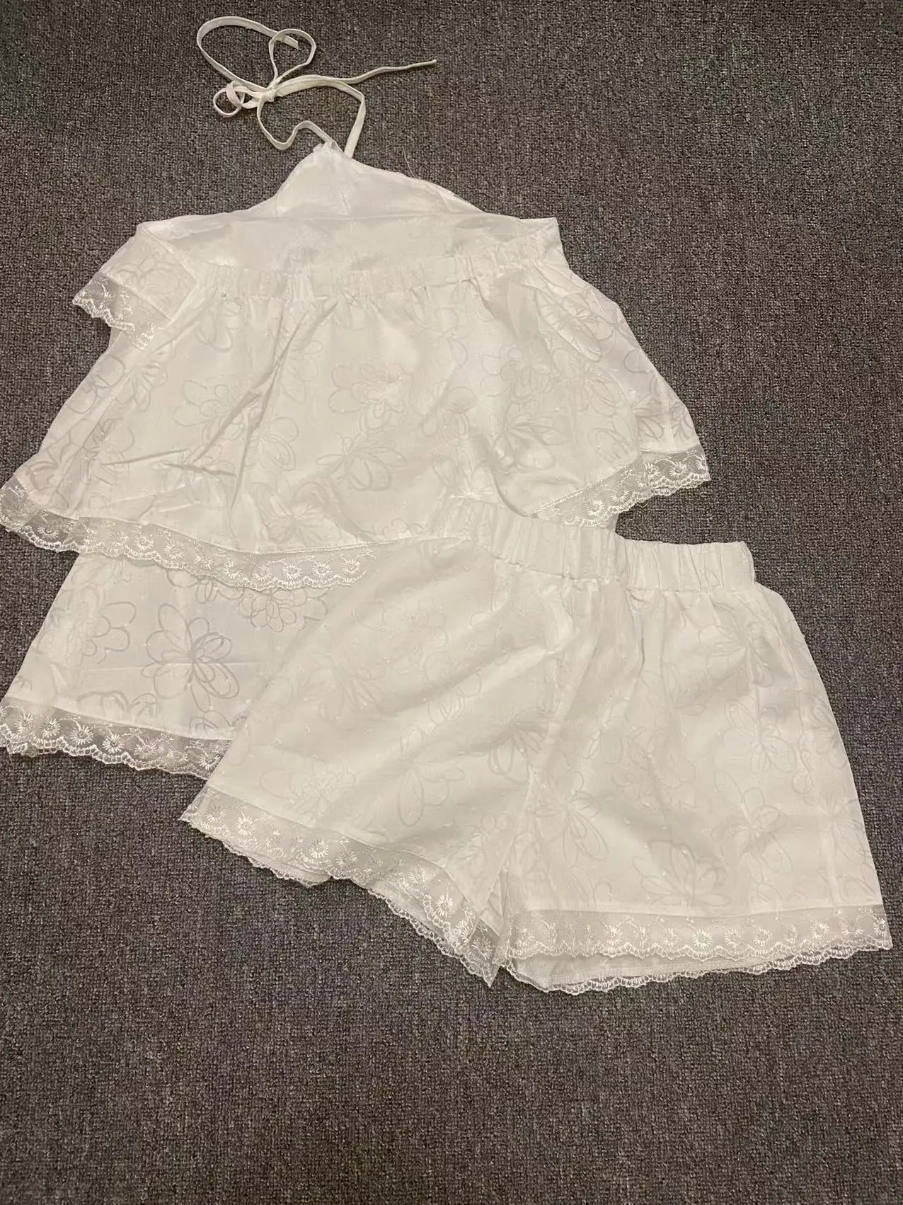 Clothland Women Sweet Ruffled Lace Blouse Halter Sleeveless Shirt Mini Shorts Two Piece Set Summer White Cute Suits TZ302