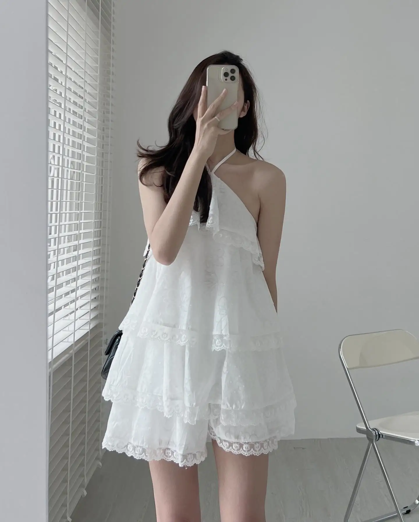 Clothland Women Sweet Ruffled Lace Blouse Halter Sleeveless Shirt Mini Shorts Two Piece Set Summer White Cute Suits TZ302