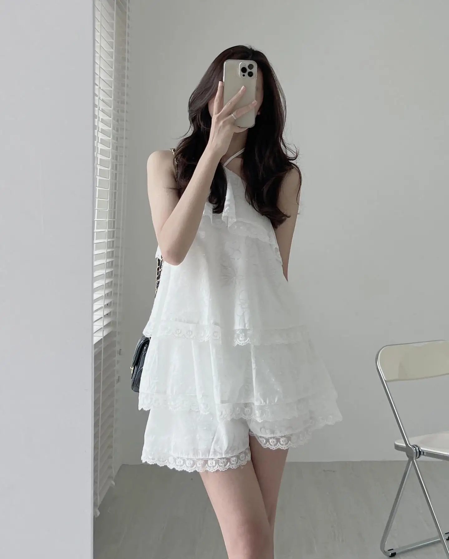 Clothland Women Sweet Ruffled Lace Blouse Halter Sleeveless Shirt Mini Shorts Two Piece Set Summer White Cute Suits TZ302
