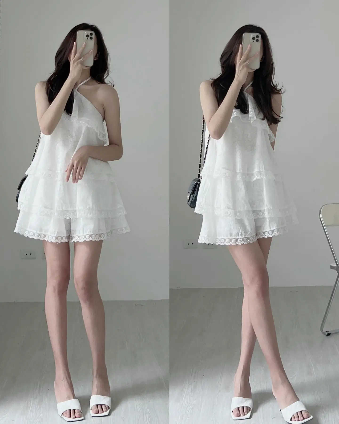 Clothland Women Sweet Ruffled Lace Blouse Halter Sleeveless Shirt Mini Shorts Two Piece Set Summer White Cute Suits TZ302