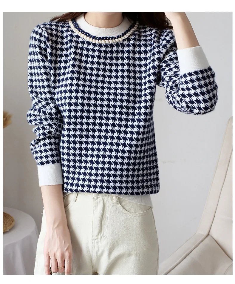 Women Geometric WOOL Knitted Sweater Casual Houndstooth Lady Pullover Sweater Female Autumn Winter Retro Jumper