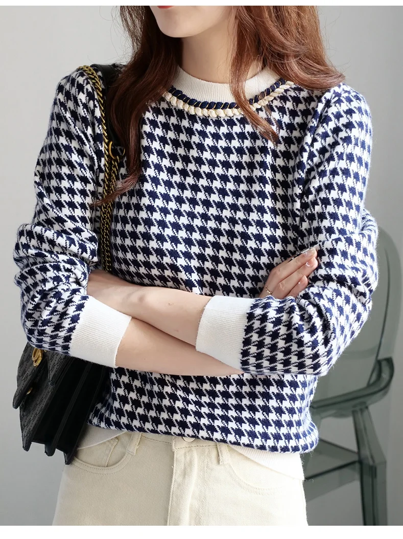 Women Geometric WOOL Knitted Sweater Casual Houndstooth Lady Pullover Sweater Female Autumn Winter Retro Jumper