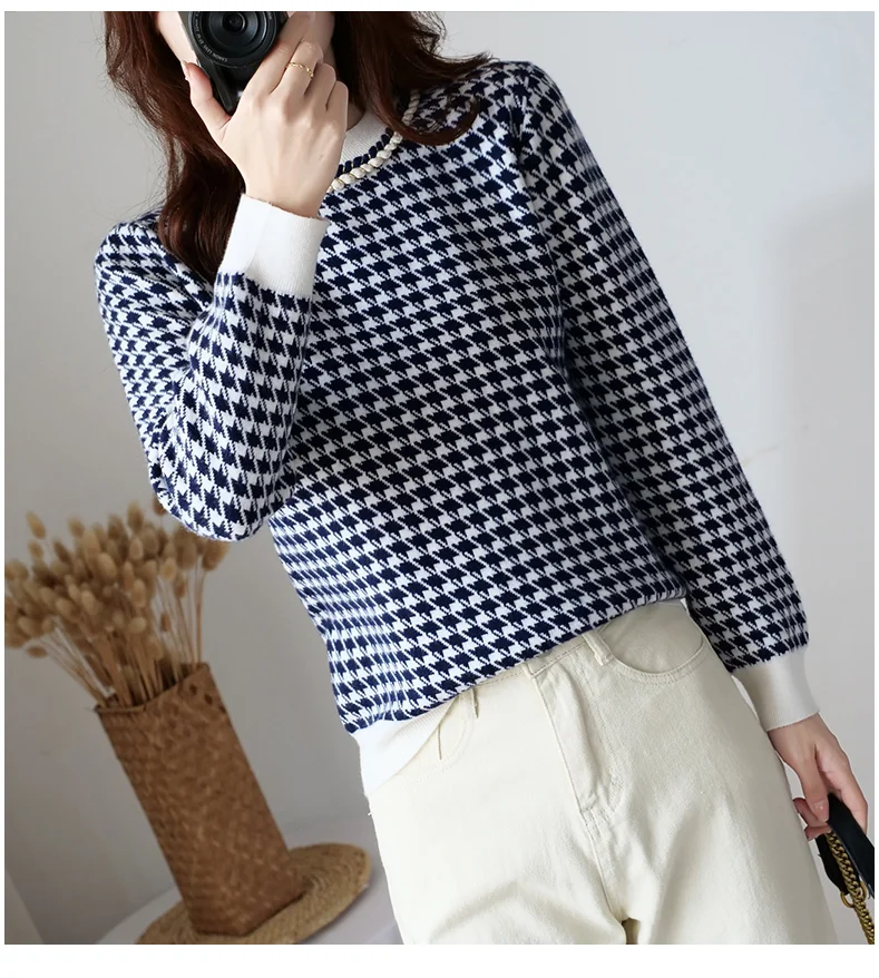 Women Geometric WOOL Knitted Sweater Casual Houndstooth Lady Pullover Sweater Female Autumn Winter Retro Jumper