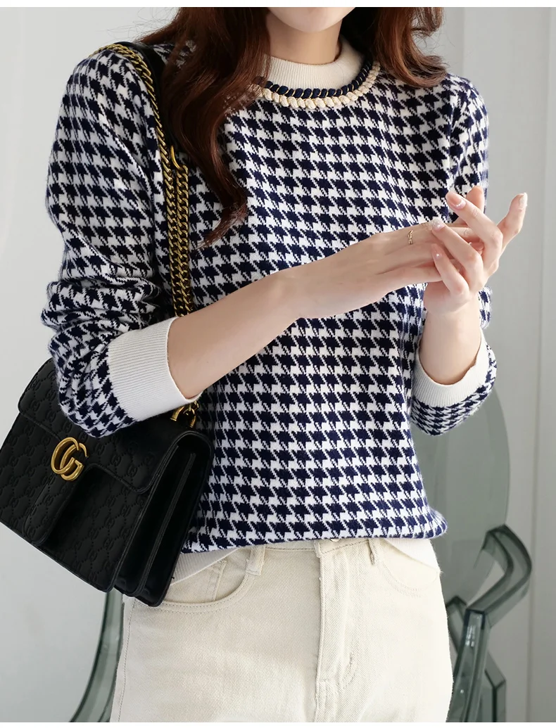 Women Geometric WOOL Knitted Sweater Casual Houndstooth Lady Pullover Sweater Female Autumn Winter Retro Jumper