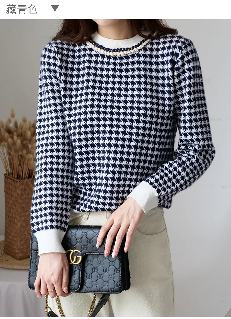 Women Geometric WOOL Knitted Sweater Casual Houndstooth Lady Pullover Sweater Female Autumn Winter Retro Jumper