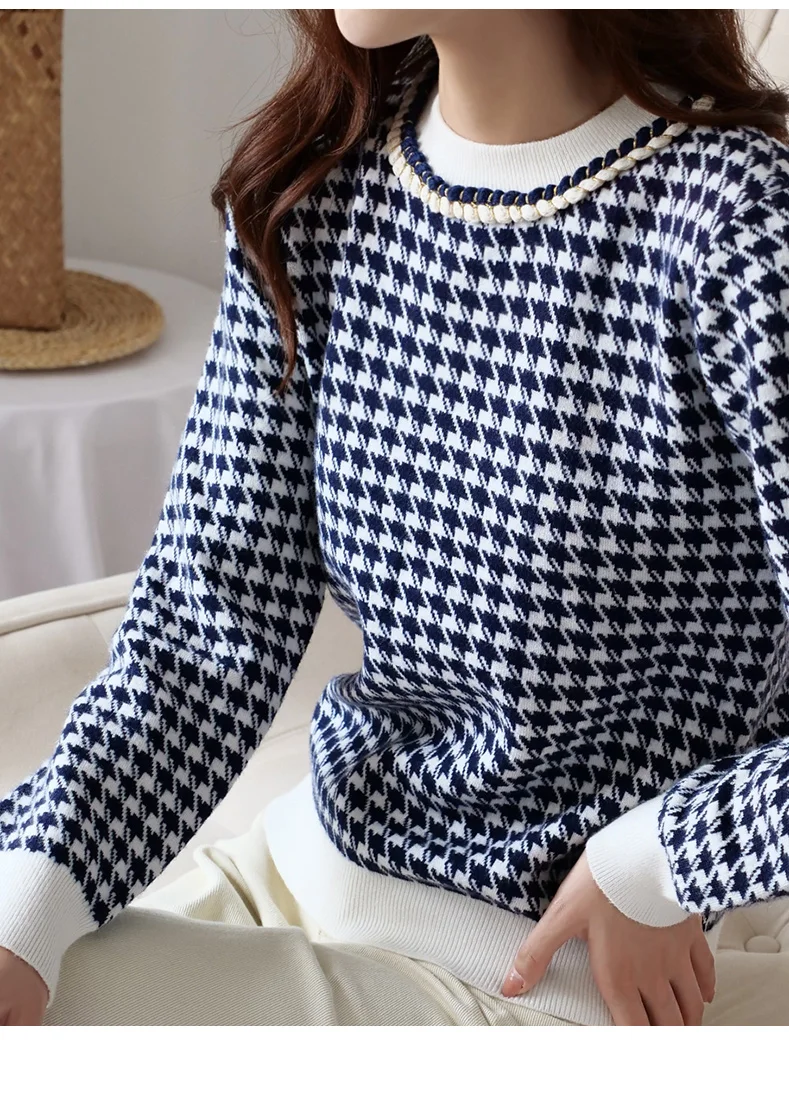 Women Geometric WOOL Knitted Sweater Casual Houndstooth Lady Pullover Sweater Female Autumn Winter Retro Jumper