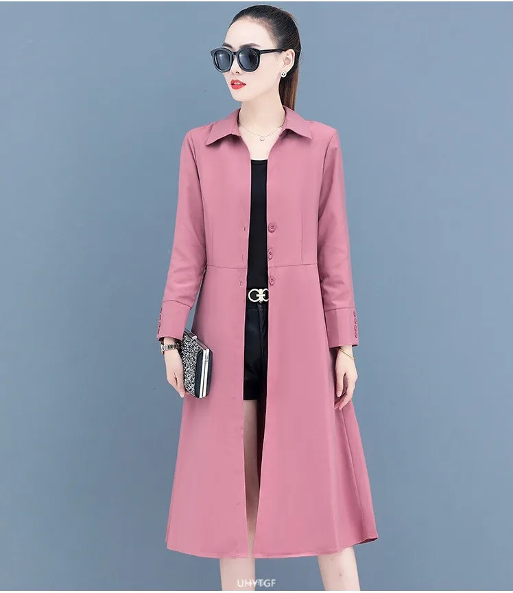 UHYTGF Women Spring Trench Coat Single-Breasted Elegant Female Long Windbreaker Pure Wild Loose Thin 4XL Big Size Outerwear 1484