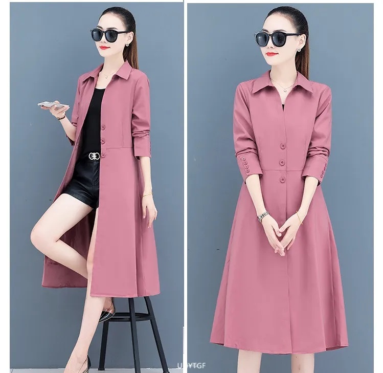 UHYTGF Women Spring Trench Coat Single-Breasted Elegant Female Long Windbreaker Pure Wild Loose Thin 4XL Big Size Outerwear 1484