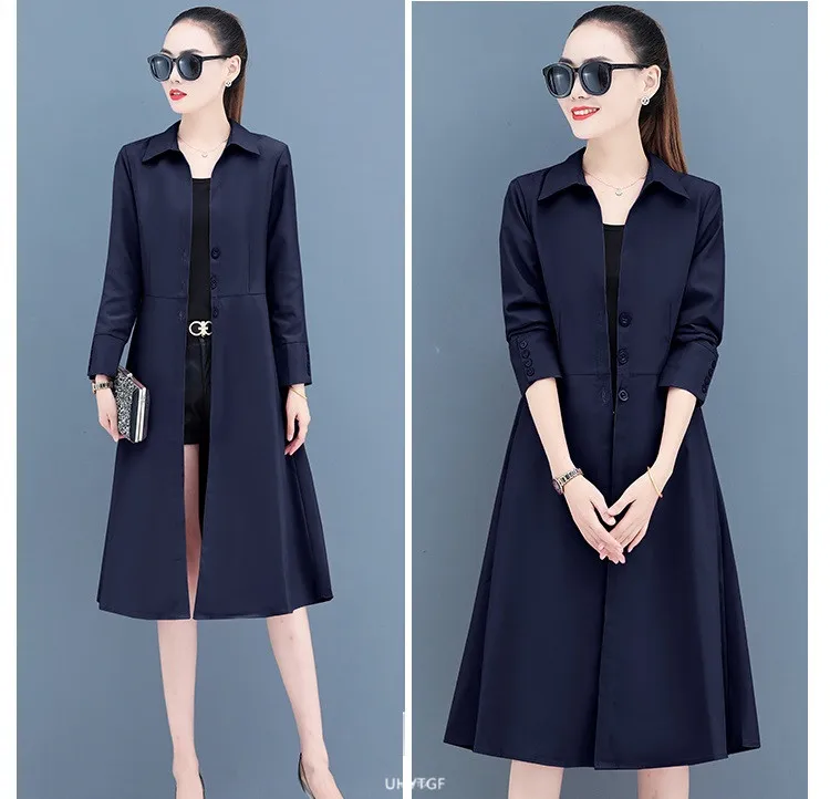 UHYTGF Women Spring Trench Coat Single-Breasted Elegant Female Long Windbreaker Pure Wild Loose Thin 4XL Big Size Outerwear 1484