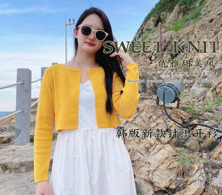 Black Cropped Knitted Sweater Korean Style Women's Coat Spring 2026 Long Sleeve Top Jersey Cardigan Female Clothing Blouses