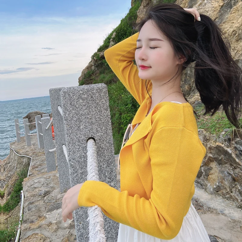 Black Cropped Knitted Sweater Korean Style Women's Coat Spring 2026 Long Sleeve Top Jersey Cardigan Female Clothing Blouses