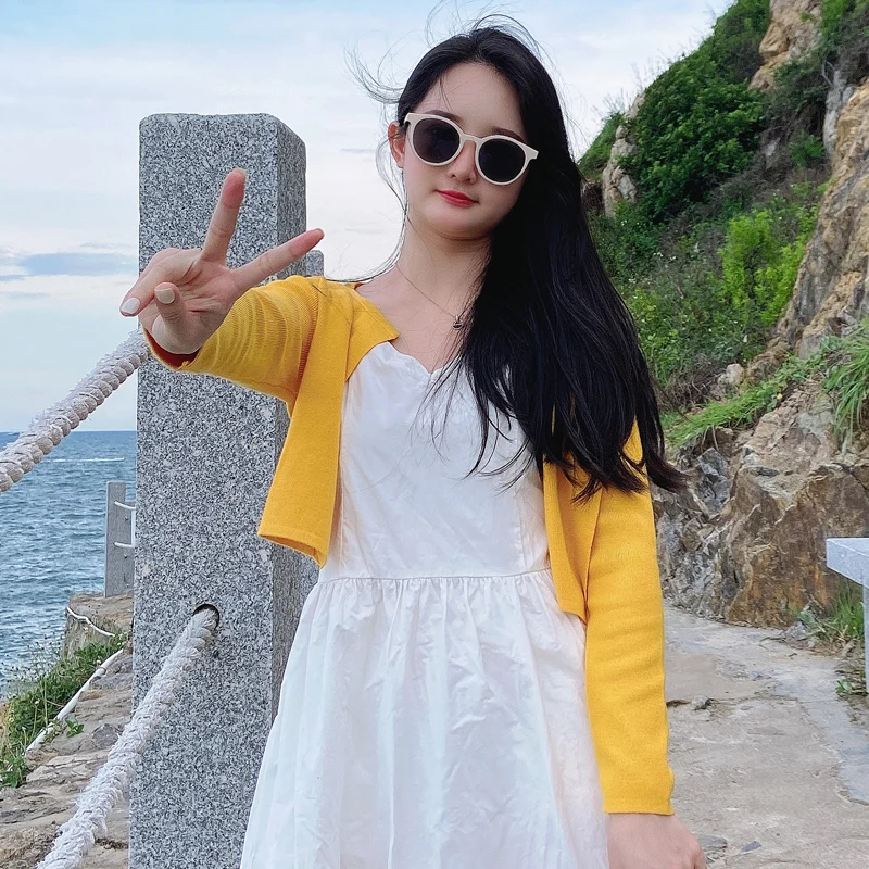 Black Cropped Knitted Sweater Korean Style Women's Coat Spring 2026 Long Sleeve Top Jersey Cardigan Female Clothing Blouses