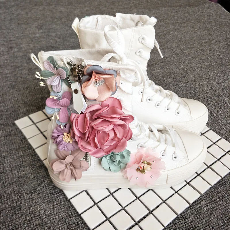 Women Canvas Boots Long Boots Handmade 3D Flats Casual Thick Sole High Top Zipper Comfortable Vulcanize Sneakers Women's Boots