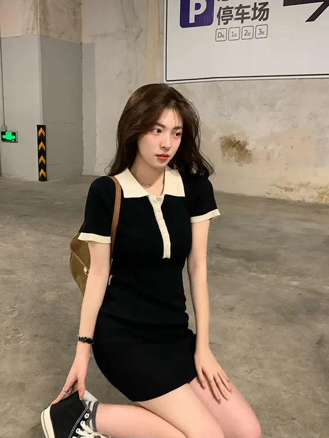 Polo Dresses For Women 2022 Summer New Single Breasted Tight Dress Contrast Color One Pieces Korea Short Sleeve Slit Mini Skirt