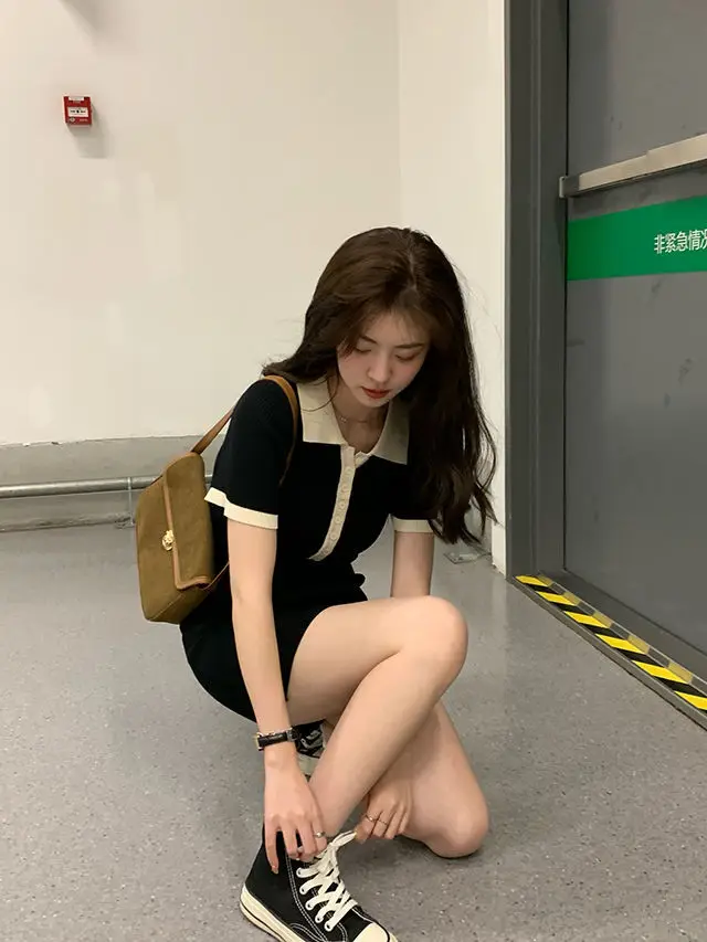 Polo Dresses For Women 2022 Summer New Single Breasted Tight Dress Contrast Color One Pieces Korea Short Sleeve Slit Mini Skirt