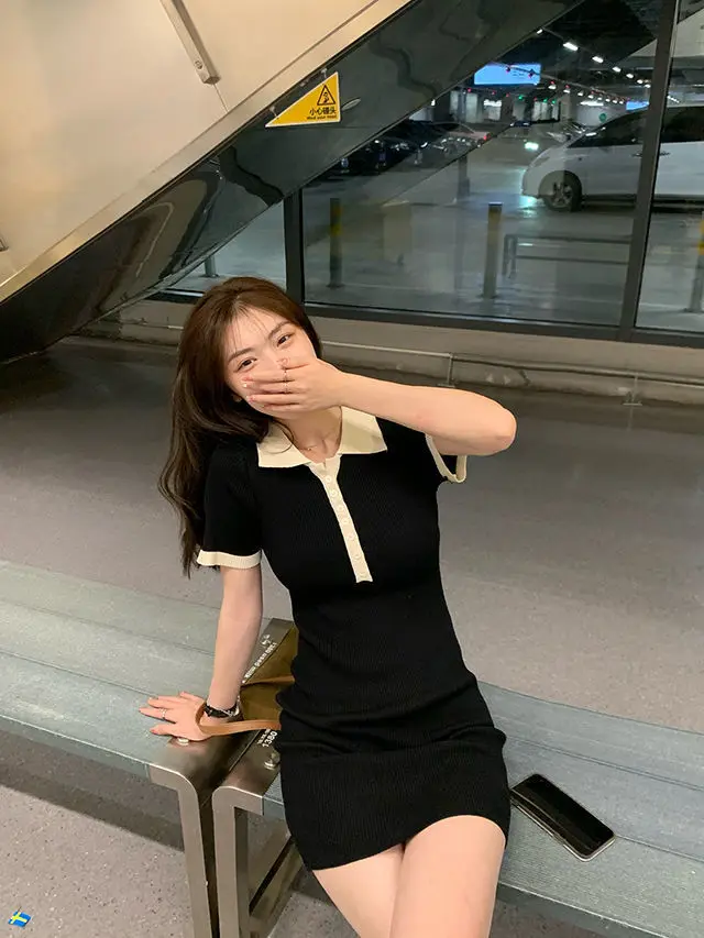 Polo Dresses For Women 2022 Summer New Single Breasted Tight Dress Contrast Color One Pieces Korea Short Sleeve Slit Mini Skirt