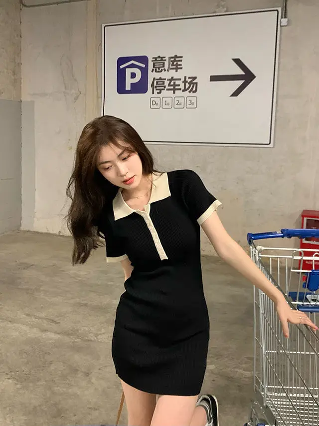 Polo Dresses For Women 2022 Summer New Single Breasted Tight Dress Contrast Color One Pieces Korea Short Sleeve Slit Mini Skirt