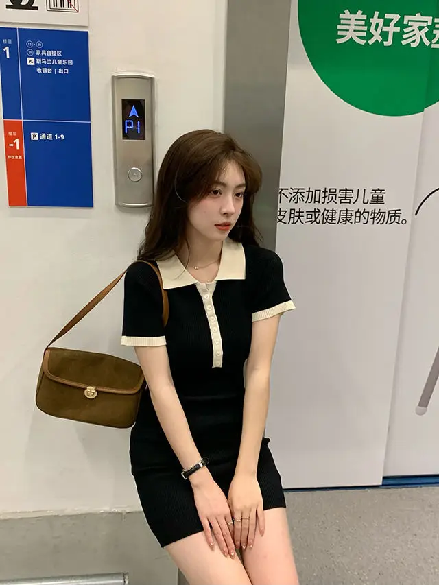 Polo Dresses For Women 2022 Summer New Single Breasted Tight Dress Contrast Color One Pieces Korea Short Sleeve Slit Mini Skirt