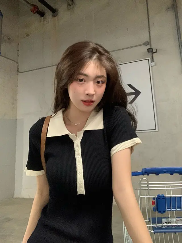 Polo Dresses For Women 2022 Summer New Single Breasted Tight Dress Contrast Color One Pieces Korea Short Sleeve Slit Mini Skirt