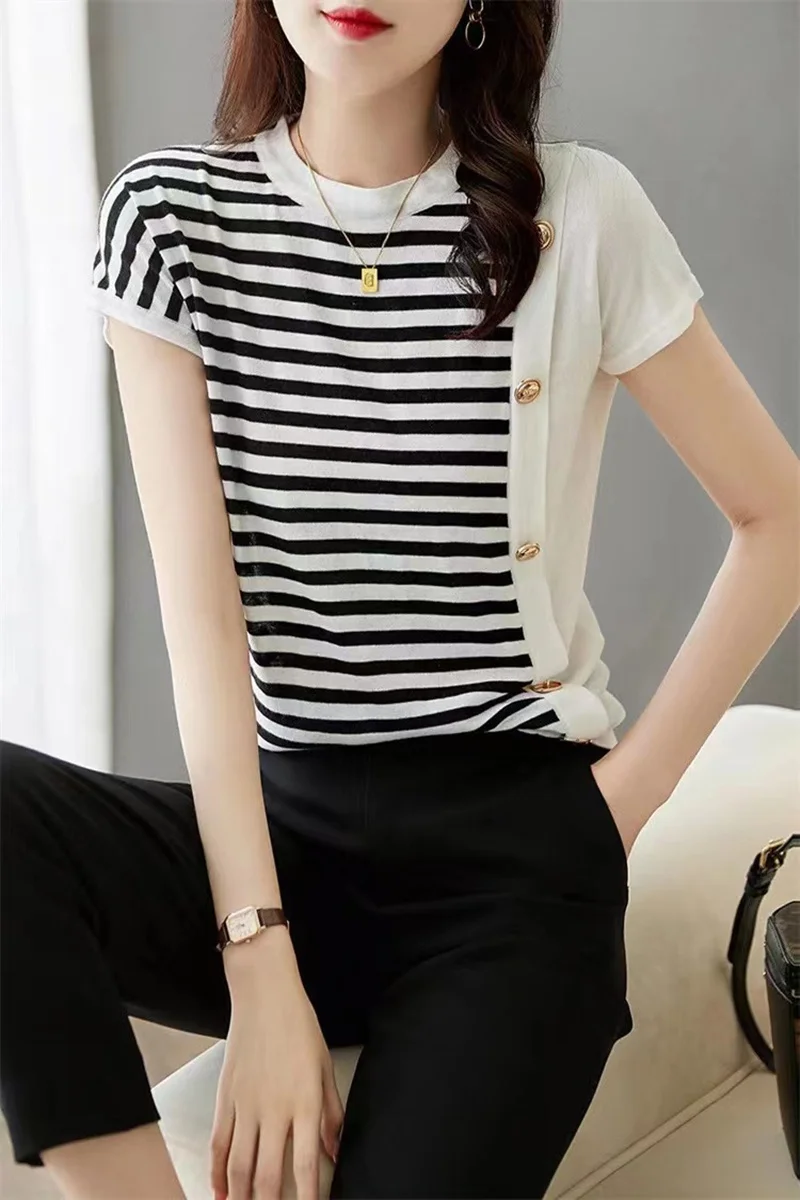 Fashionable new knit short sleeve women's ice silk shirt round collar black and white striped cotton T-shirt loose half sleeve