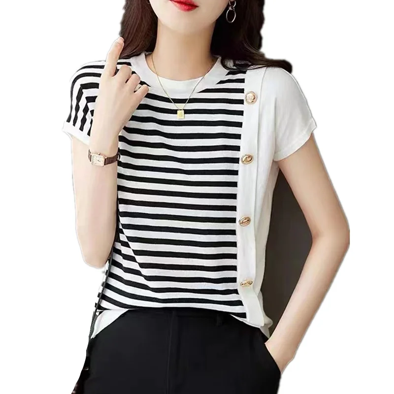 Fashionable new knit short sleeve women's ice silk shirt round collar black and white striped cotton T-shirt loose half sleeve