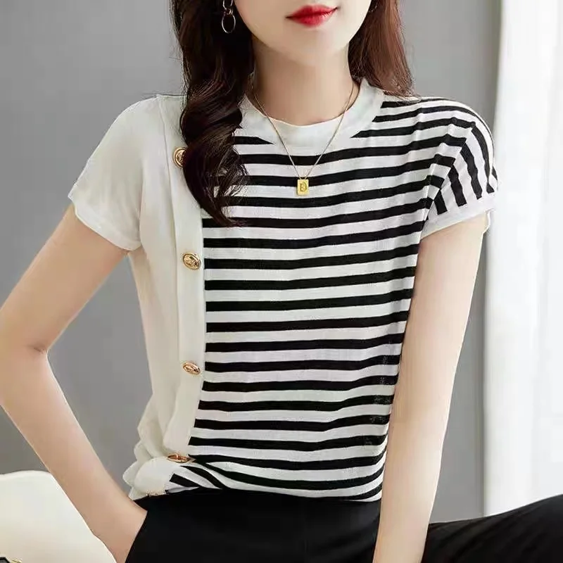 Fashionable new knit short sleeve women's ice silk shirt round collar black and white striped cotton T-shirt loose half sleeve